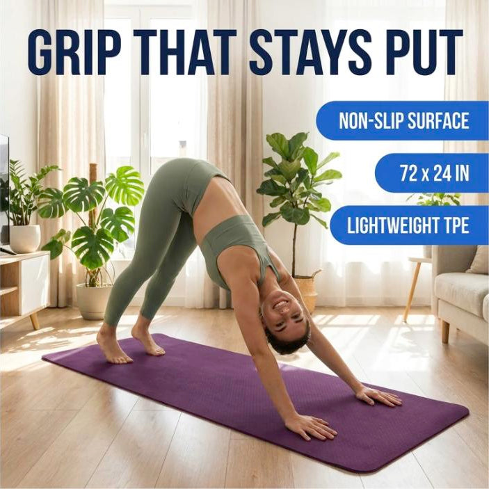 Non-Slip Yoga Mat - 72 x 24 in TPE Exercise Mat for Pilates & Home Workouts